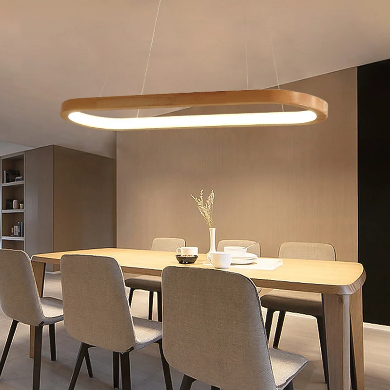 Moderne minimalistische ovale eilandlamp LED houten strip restaurant hanglamp Clearhalo