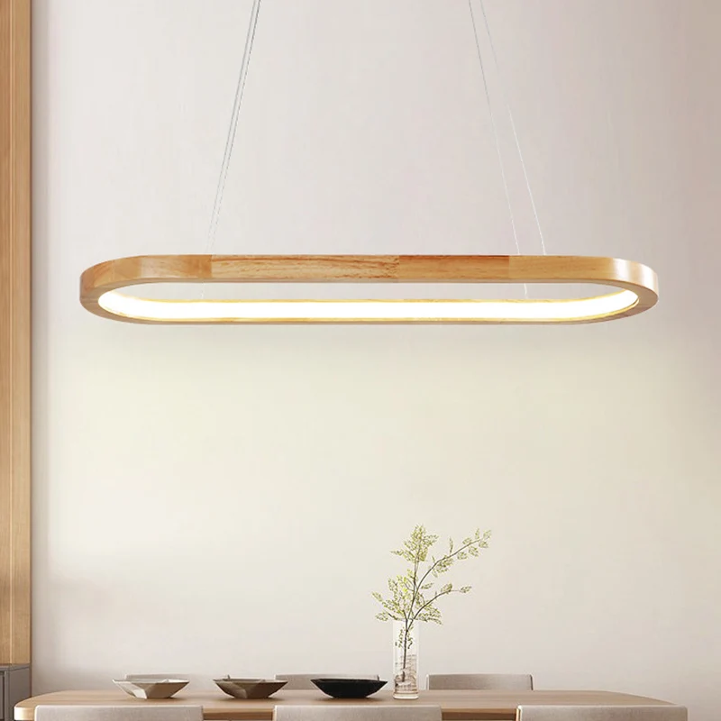 Moderne minimalistische ovale eilandlamp LED houten strip restaurant hanglamp Clearhalo