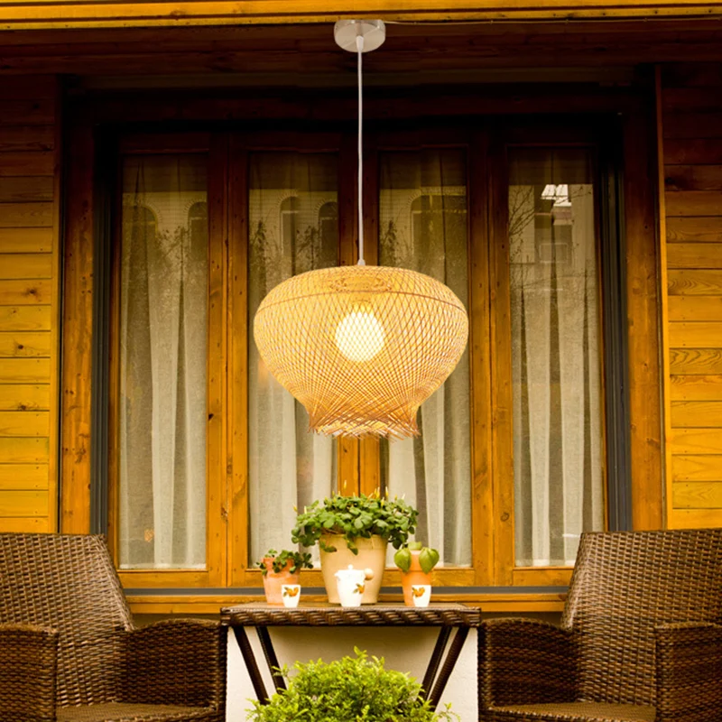 Moderne nestvormige hanglamp bamboe 1-lichts eetkamer hangende plafondlamp beige Clearhalo