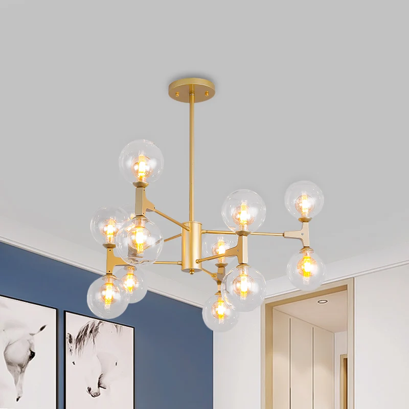 Moderne Orb Shade Kroonluchter Amber/Crème Glas en Metaal 12 Hoofden Hanglamp Zwart/Wit voor Restaurant Cafe Clearhalo