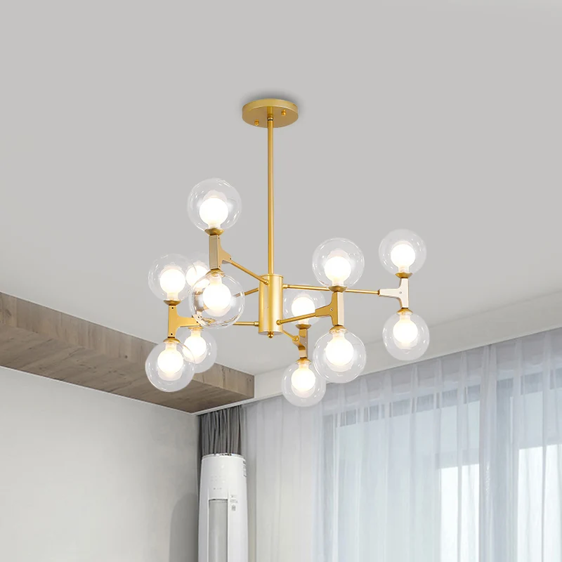 Moderne Orb Shade Kroonluchter Amber/Crème Glas en Metaal 12 Hoofden Hanglamp Zwart/Wit voor Restaurant Cafe Clearhalo