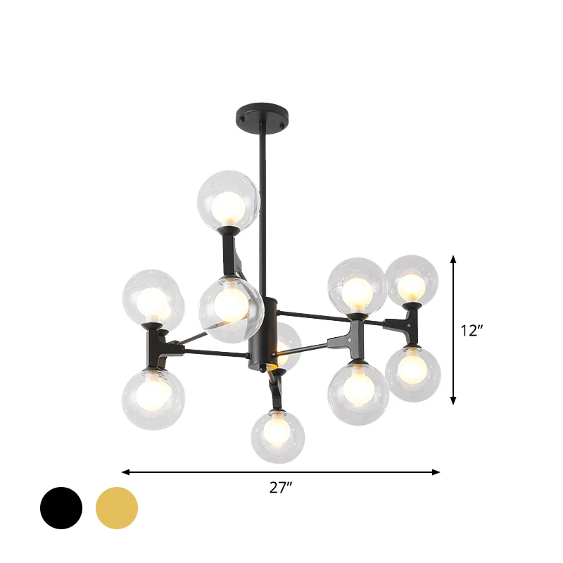 Moderne Orb Shade Kroonluchter Amber/Crème Glas en Metaal 12 Hoofden Hanglamp Zwart/Wit voor Restaurant Cafe Clearhalo