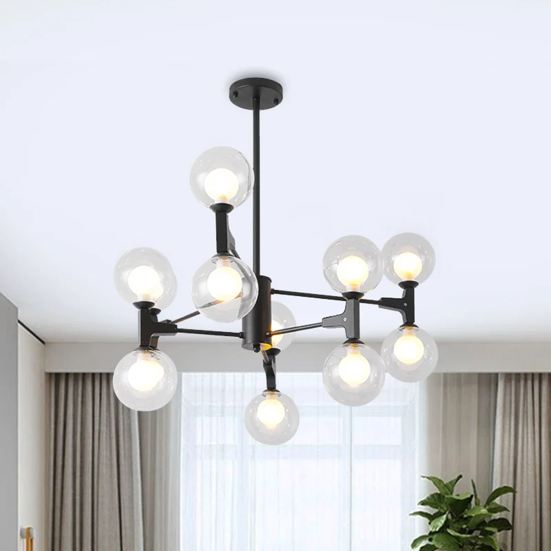 Moderne Orb Shade Kroonluchter Amber/Crème Glas en Metaal 12 Hoofden Hanglamp Zwart/Wit voor Restaurant Cafe Clearhalo