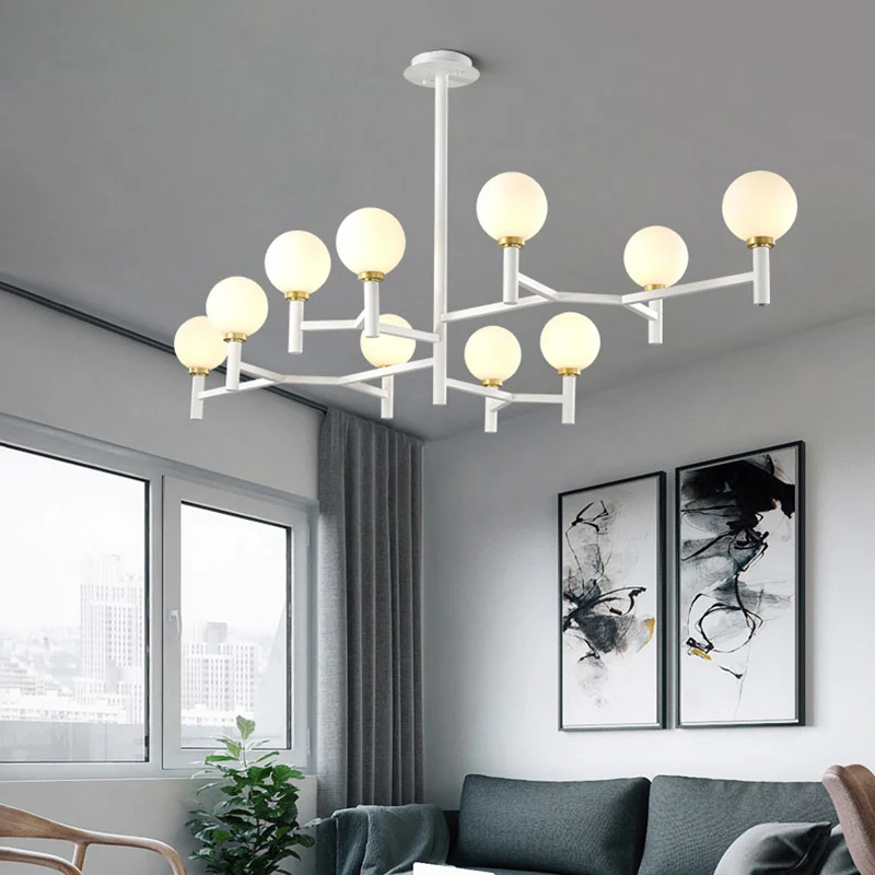 Moderne Orbit kroonluchter hanglamp van wit glas 10-koppig woonkamereilandlicht zwart/wit/goud Clearhalo