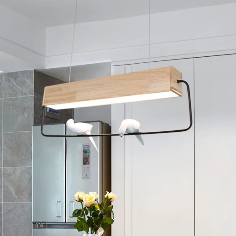 Moderne rechthoekige eilandhanglamp natuurlijk hout LED eetkamer plafondlamp warm/wit licht Clearhalo