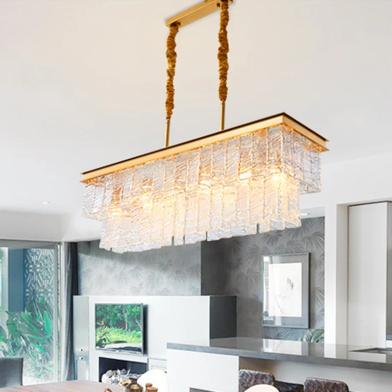 Moderne rechthoekige hangende hanglamp 6-kops Water Crystal Island-plafondlamp goud Clearhalo
