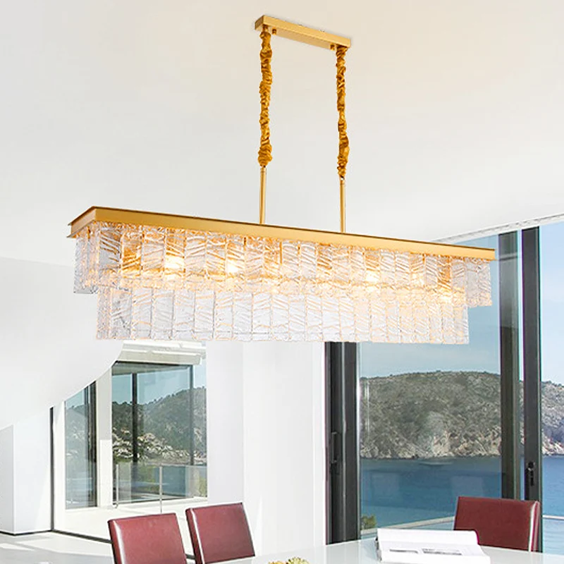 Moderne rechthoekige hangende hanglamp 6-kops Water Crystal Island-plafondlamp goud Clearhalo