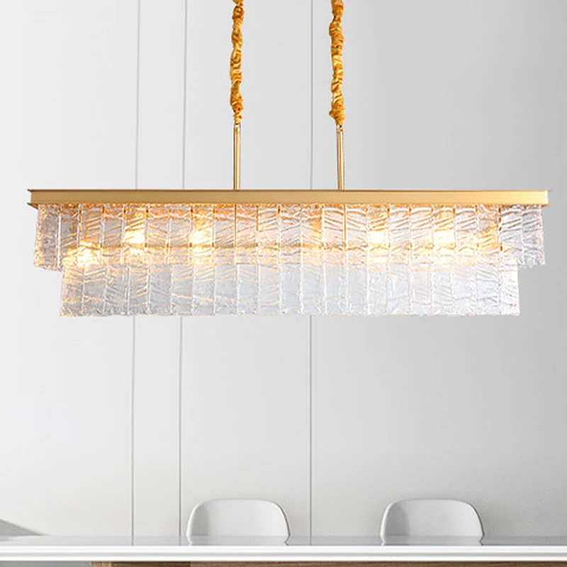 Moderne rechthoekige hangende hanglamp 6-kops Water Crystal Island-plafondlamp goud Clearhalo