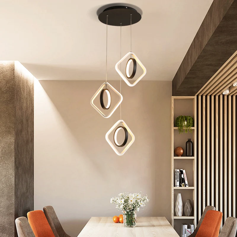 Moderne ring- en vierkante plafondlamp van acryl eetkamer LED-multilamp-hanger zwart, wit/warm licht Clearhalo