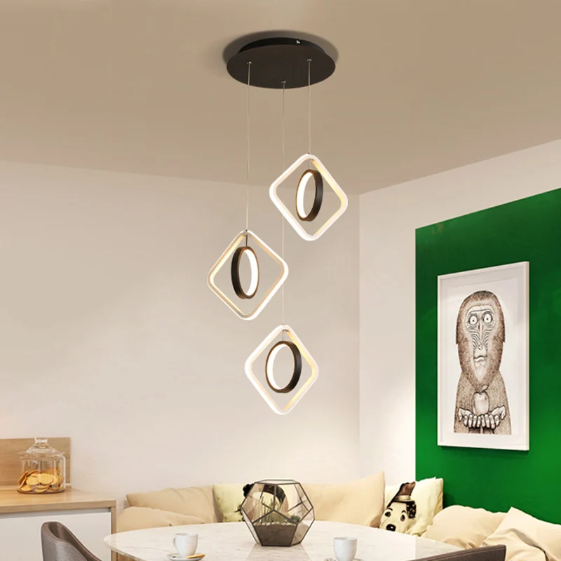 Moderne ring- en vierkante plafondlamp van acryl eetkamer LED-multilamp-hanger zwart, wit/warm licht Clearhalo