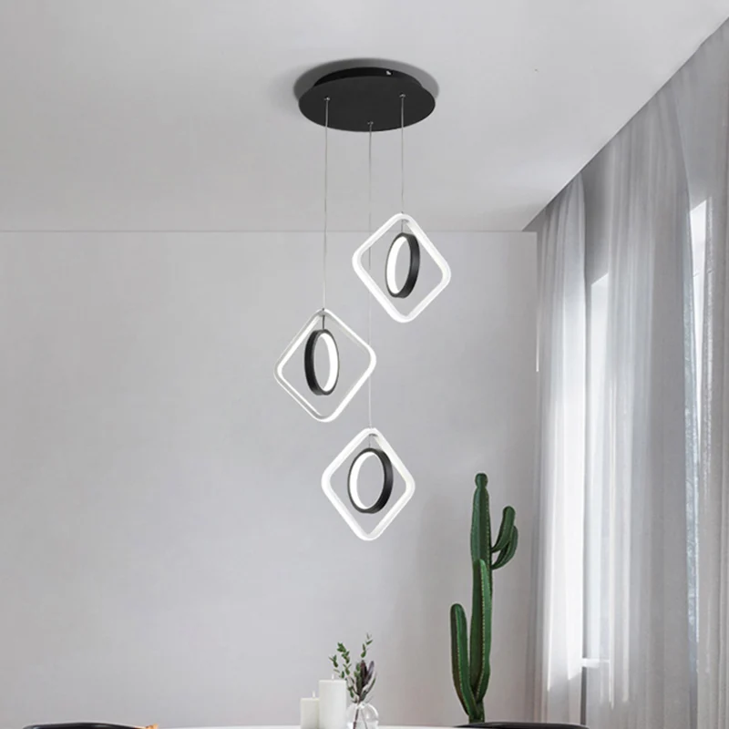 Moderne ring- en vierkante plafondlamp van acryl eetkamer LED-multilamp-hanger zwart, wit/warm licht Clearhalo