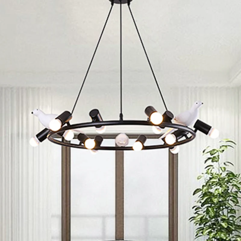 Moderne ringhangende kroonluchter van metaal 6/8 lampen Eetkamer hangend plafondlicht zwart met vogelornament Clearhalo