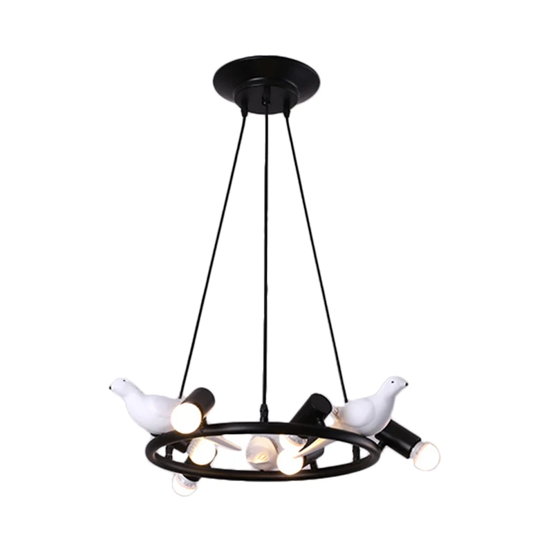 Moderne ringhangende kroonluchter van metaal 6/8 lampen Eetkamer hangend plafondlicht zwart met vogelornament Clearhalo