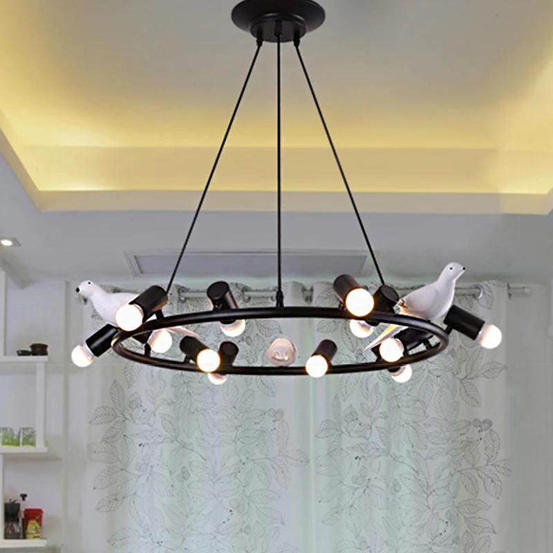 Moderne ringhangende kroonluchter van metaal 6/8 lampen Eetkamer hangend plafondlicht zwart met vogelornament Clearhalo