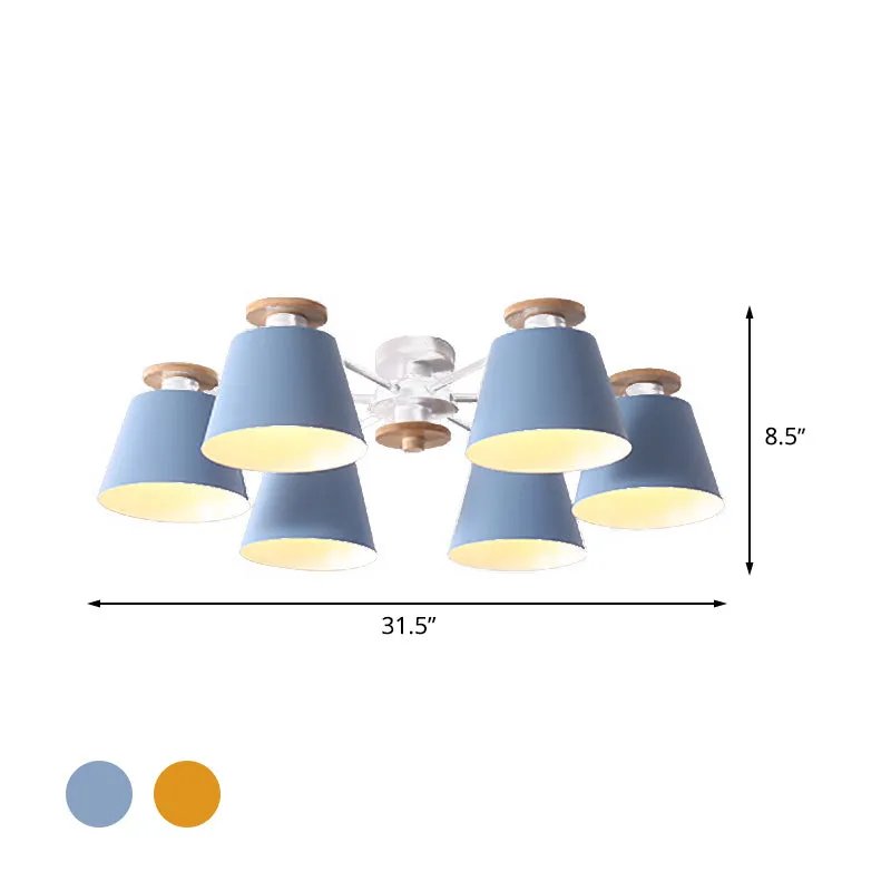 Moderne Scandinavische 6-kops inbouwplafondlamp met metalen kap, geel/blauw vat, semi-inbouwplafondlamp Clearhalo