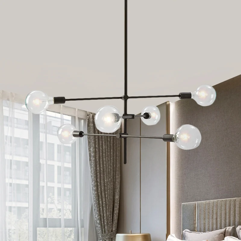 Moderne Sputnik kroonluchterverlichting metallic 6-lichts woonkamer hanglamp met zichtbare lamp zwart/goud Clearhalo