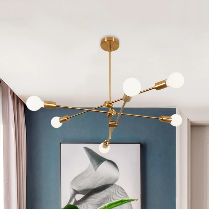 Moderne Sputnik kroonluchterverlichting metallic 6-lichts woonkamer hanglamp met zichtbare lamp zwart/goud Clearhalo