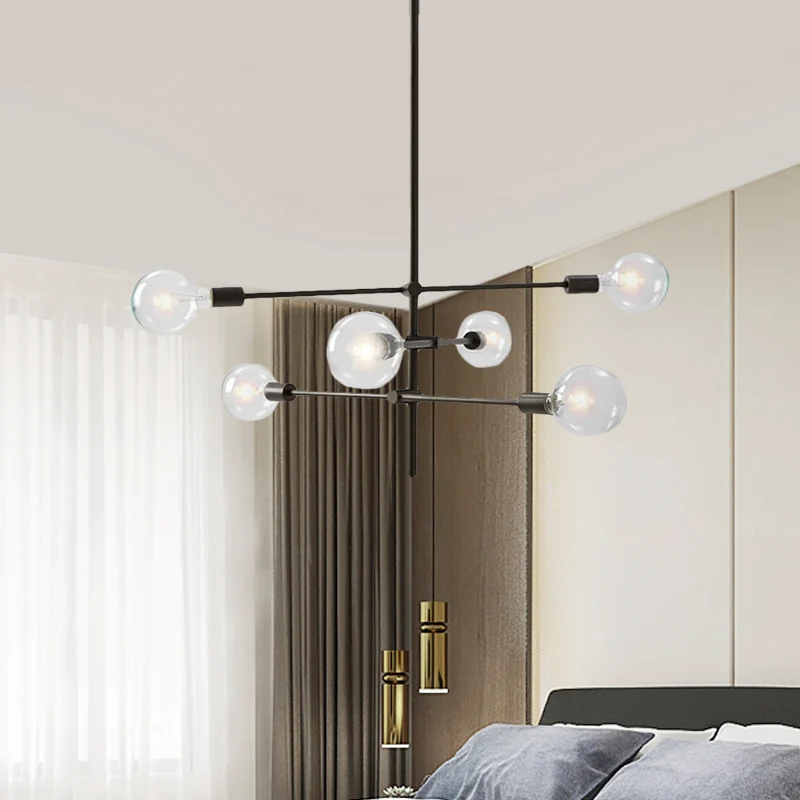 Moderne Sputnik kroonluchterverlichting metallic 6-lichts woonkamer hanglamp met zichtbare lamp zwart/goud Clearhalo