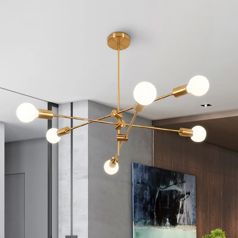 Moderne Sputnik kroonluchterverlichting metallic 6-lichts woonkamer hanglamp met zichtbare lamp zwart/goud Clearhalo