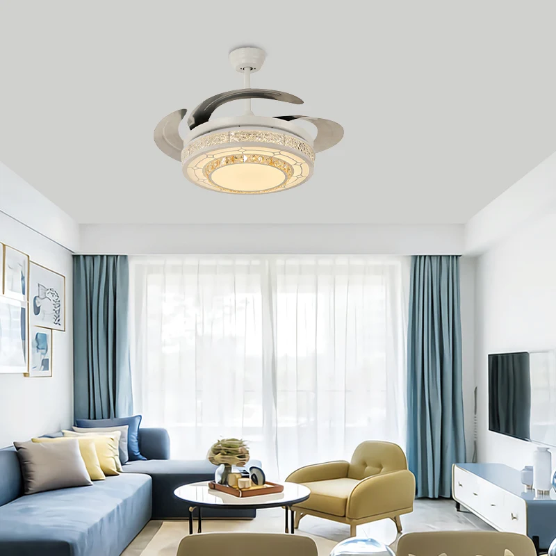 Moderne stijl ronde plafondventilator licht gesneden helder kristal witte LED semi-gemonteerde lamp met/zonder Bluetooth C...