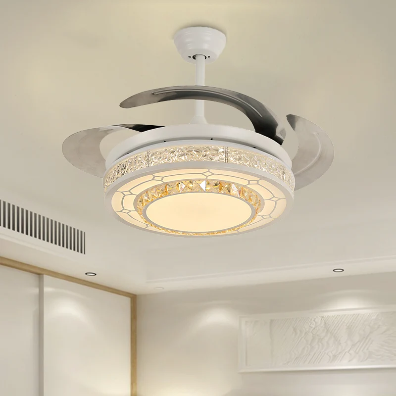 Moderne stijl ronde plafondventilator licht gesneden helder kristal witte LED semi-gemonteerde lamp met/zonder Bluetooth C...
