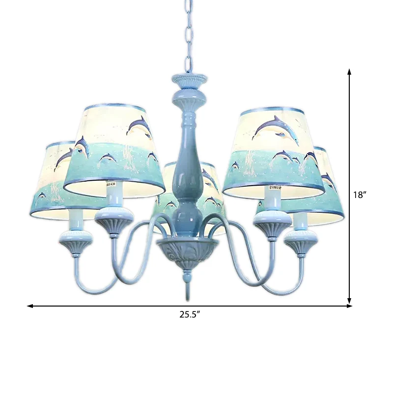 Moderne stijl taps toelopende schaduw kroonluchter met dolfijn 5 lichts metalen hanglamp blauw voor kinderslaapkamer Clear...