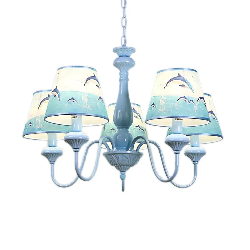 Moderne stijl taps toelopende schaduw kroonluchter met dolfijn 5 lichts metalen hanglamp blauw voor kinderslaapkamer Clear...