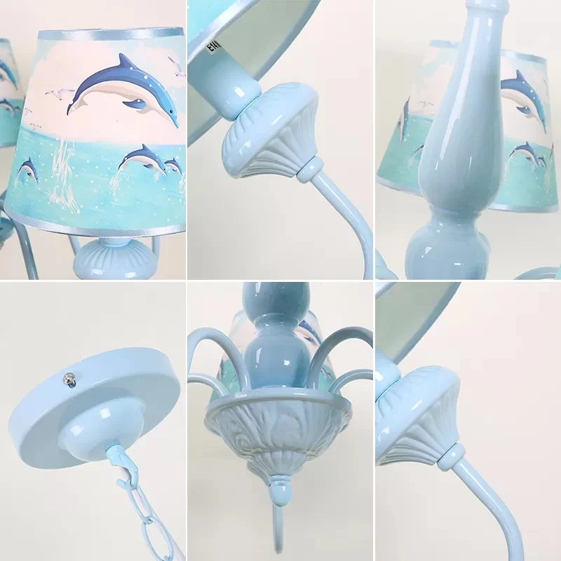 Moderne stijl taps toelopende schaduw kroonluchter met dolfijn 5 lichts metalen hanglamp blauw voor kinderslaapkamer Clear...