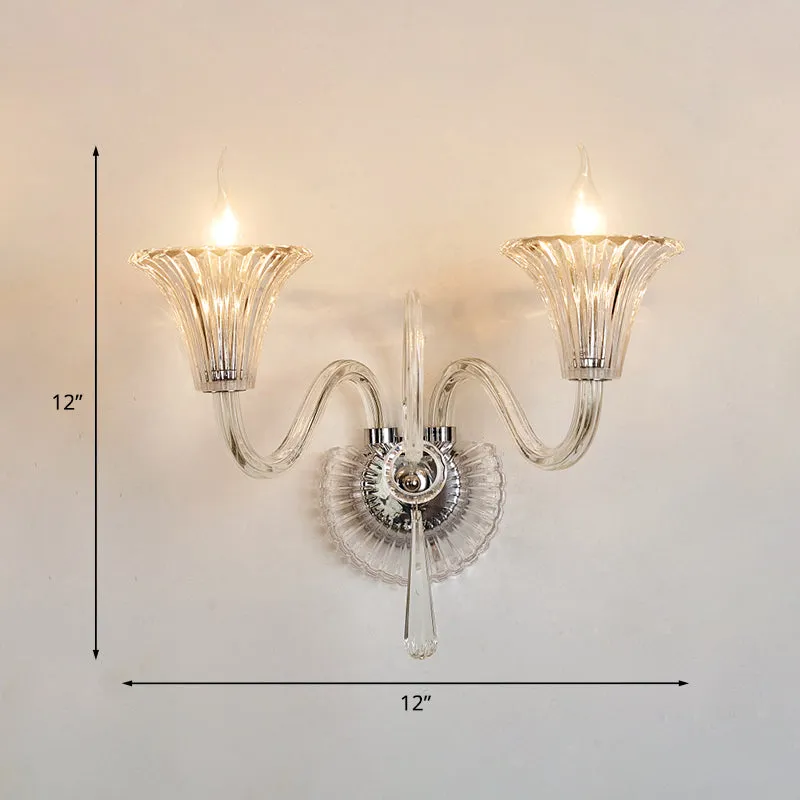 Moderne stijl uitlopende wandlamp, 2-lichts helder glazen wandmontage armatuur met kristallen accent Clearhalo