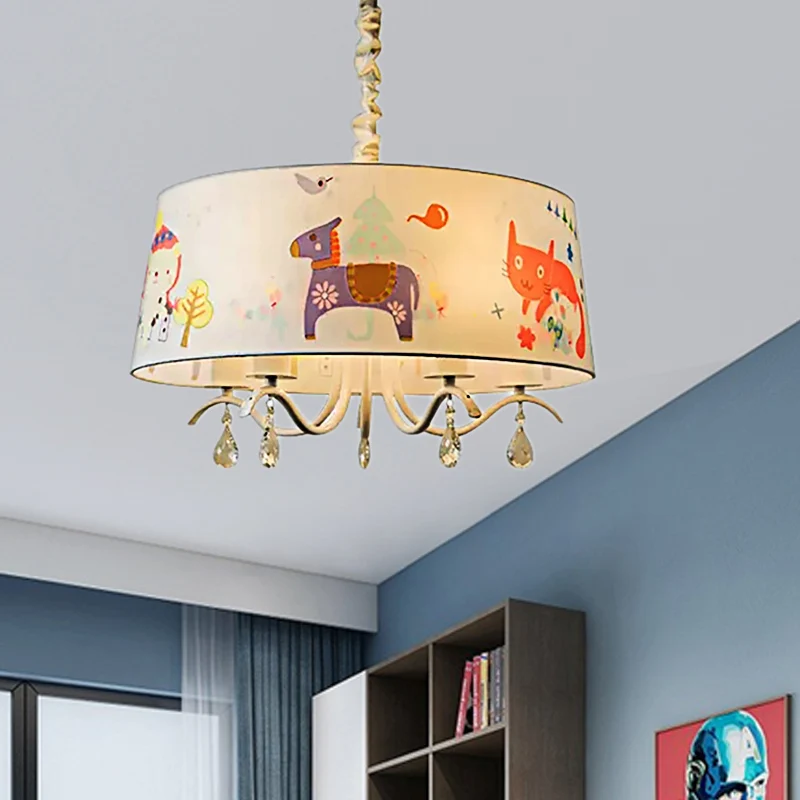 Moderne stijlvolle trommelkroonluchter, stoffen metalen hanglamp wit voor kinderslaapkamer Clearhalo