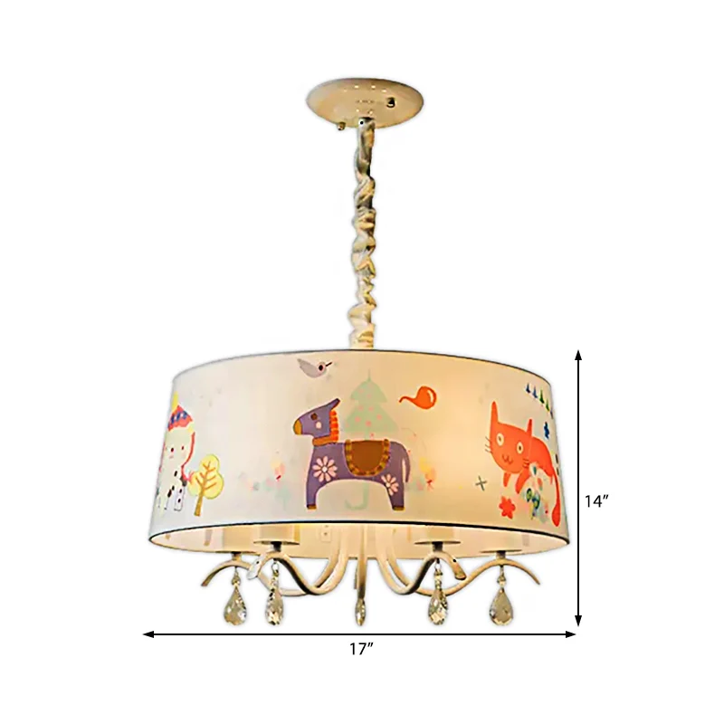 Moderne stijlvolle trommelkroonluchter, stoffen metalen hanglamp wit voor kinderslaapkamer Clearhalo