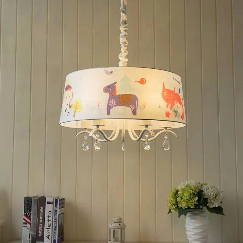 Moderne stijlvolle trommelkroonluchter, stoffen metalen hanglamp wit voor kinderslaapkamer Clearhalo