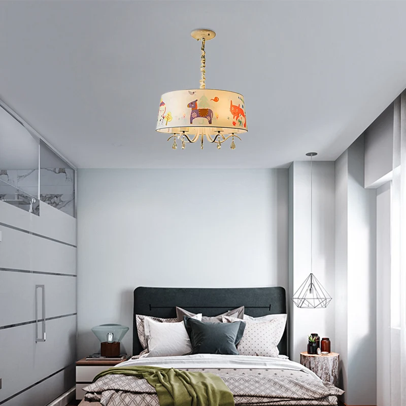 Moderne stijlvolle trommelkroonluchter, stoffen metalen hanglamp wit voor kinderslaapkamer Clearhalo