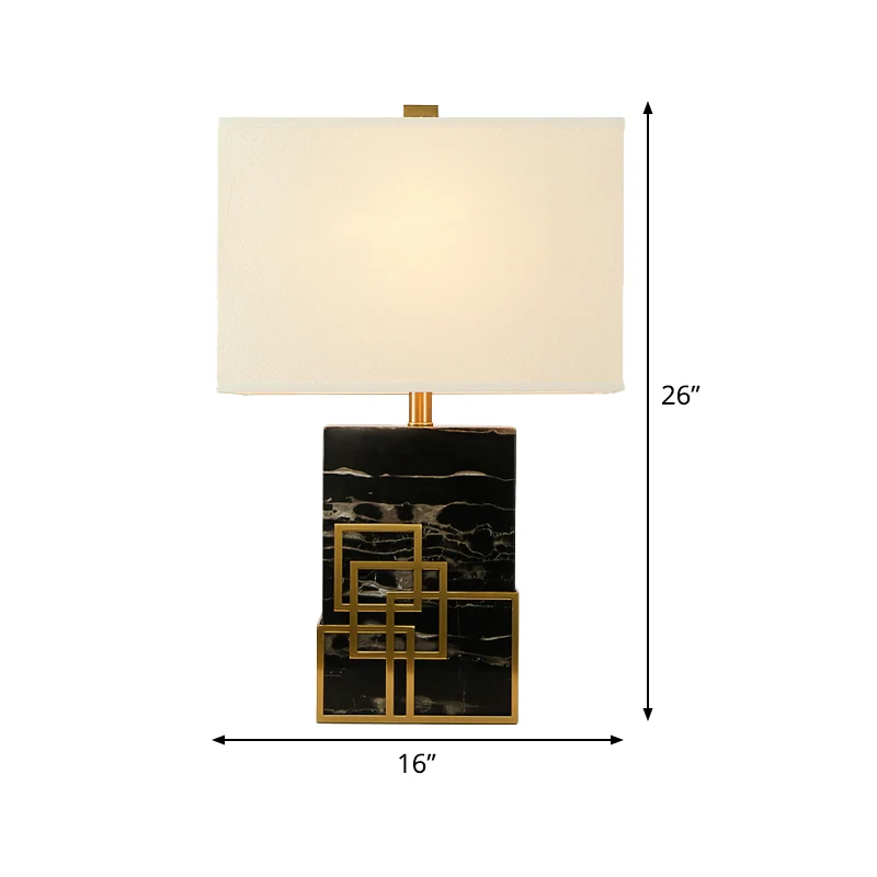 Moderne, stoffen schaduwrijke tafellamp, 1 lamp, witte bureaulamp met zwarte rechthoekige marmeren voet Clearhalo