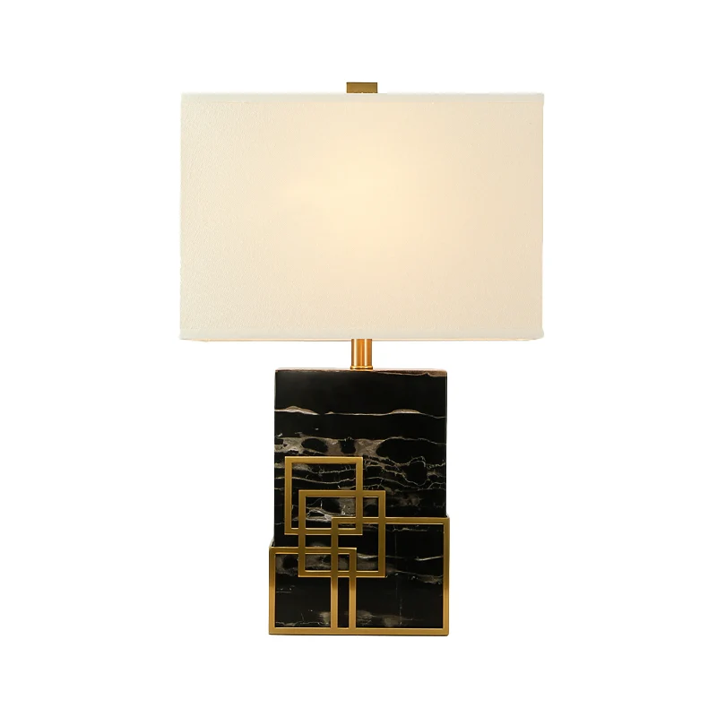Moderne, stoffen schaduwrijke tafellamp, 1 lamp, witte bureaulamp met zwarte rechthoekige marmeren voet Clearhalo