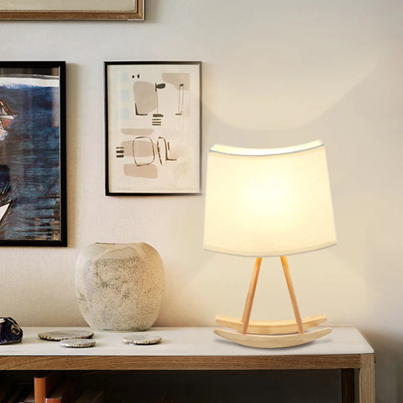 Moderne, stoffen tafellamp met 1 lamp, kleine bureaulamp wit met houten voet Clearhalo