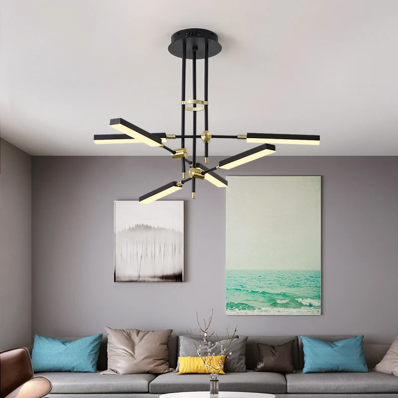 Moderne stok/rechthoekige LED-kroonluchter, licht acryl, 6-lichts slaapkamerplafondhanger zwart en goud/wit en goud Clearhalo