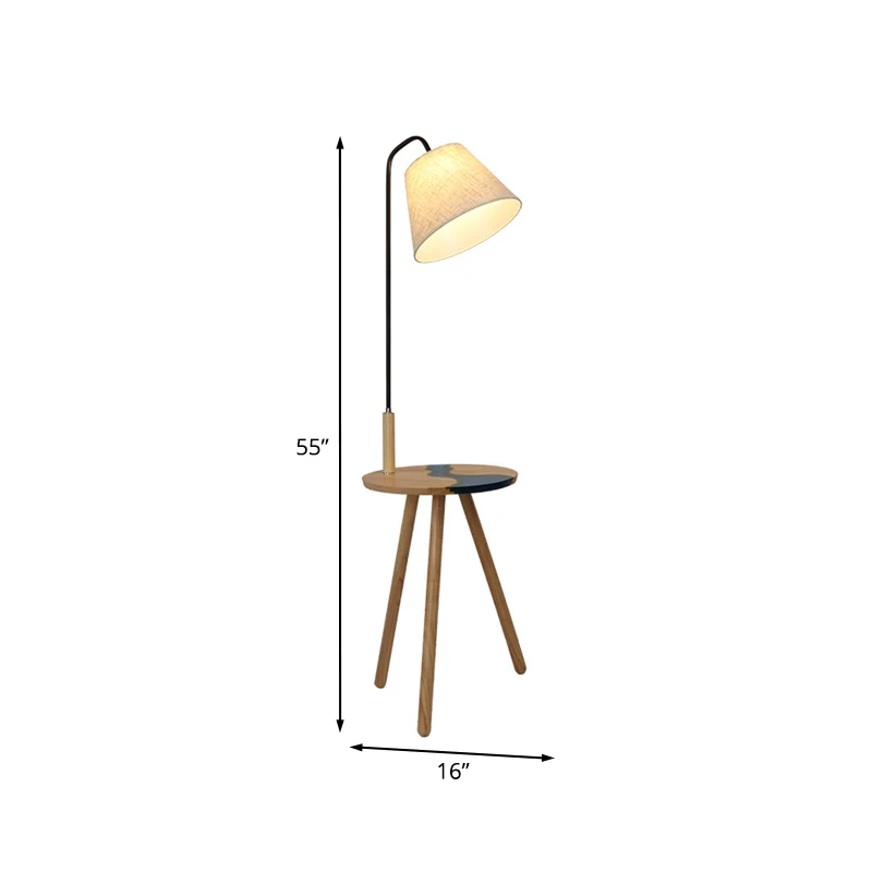 Moderne tafellamp met enkele vloer en stoffen kap. Staande lamp van wit conisch hout Clearhalo