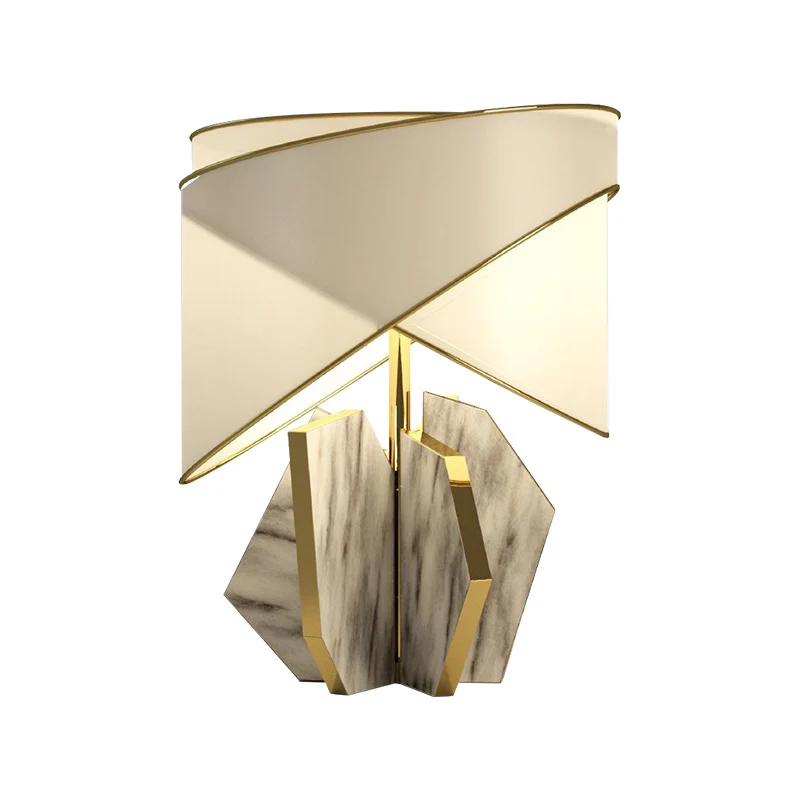 Moderne tafellamp met stofschaduw, gouden bureaulamp met 1 lamp en grijze geometrische marmeren voet Clearhalo