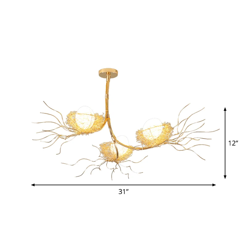 Moderne tak-hanglamp met nest en ei Drie lichts metalen kroonluchter goud voor studeerkamer Clearhalo