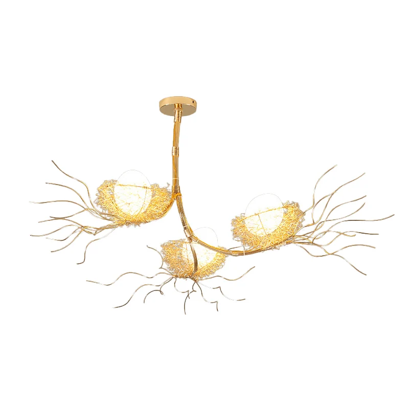 Moderne tak-hanglamp met nest en ei Drie lichts metalen kroonluchter goud voor studeerkamer Clearhalo