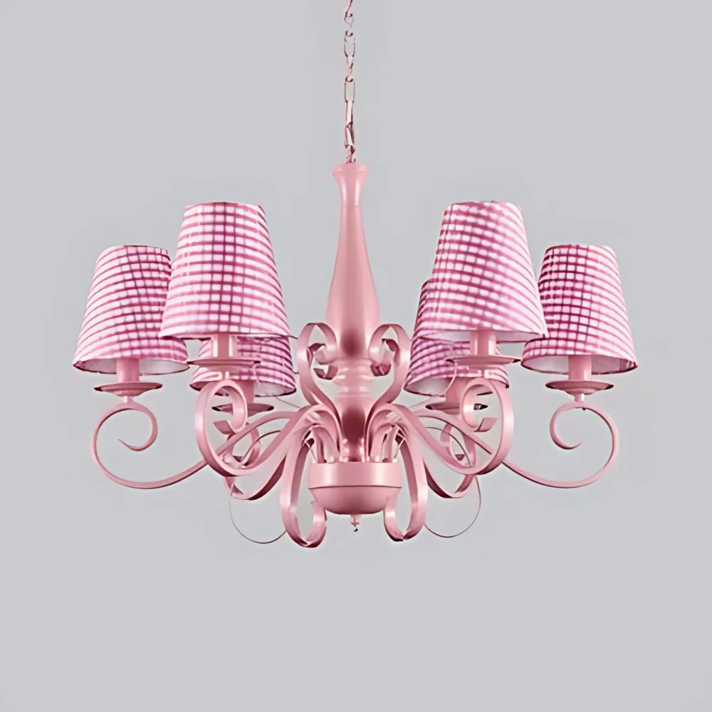 Moderne taps toelopende schaduw kroonluchter metaal stof 6 lampen roze hanglamp voor studeerkamer Clearhalo