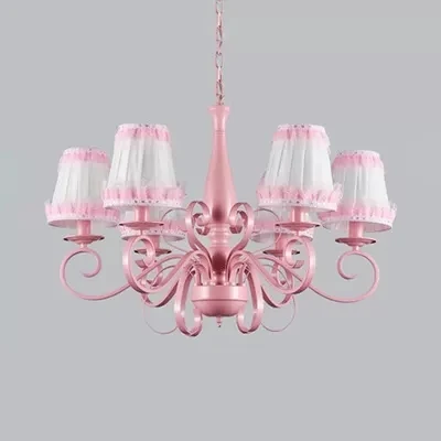 Moderne taps toelopende schaduw kroonluchter metaal stof 6 lampen roze hanglamp voor studeerkamer Clearhalo
