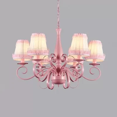 Moderne taps toelopende schaduw kroonluchter metaal stof 6 lampen roze hanglamp voor studeerkamer Clearhalo