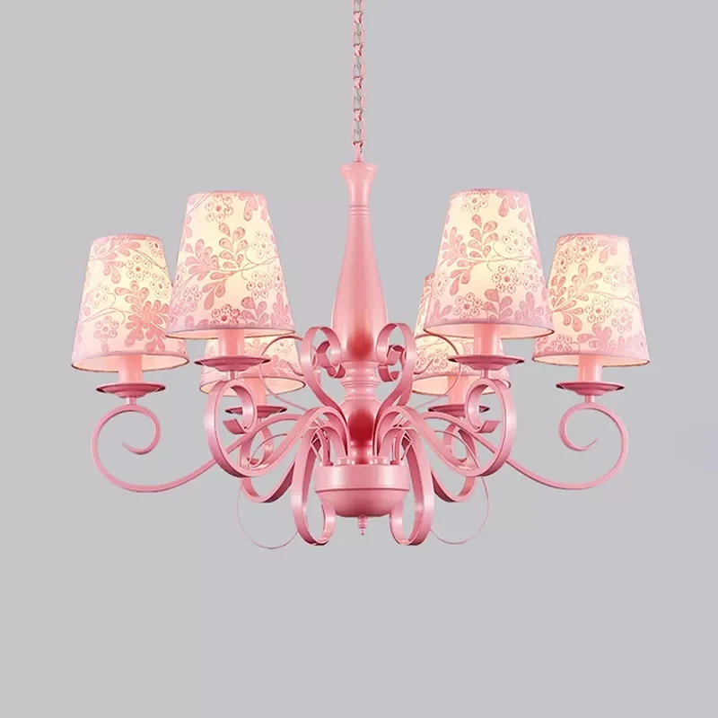 Moderne taps toelopende schaduw kroonluchter metaal stof 6 lampen roze hanglamp voor studeerkamer Clearhalo