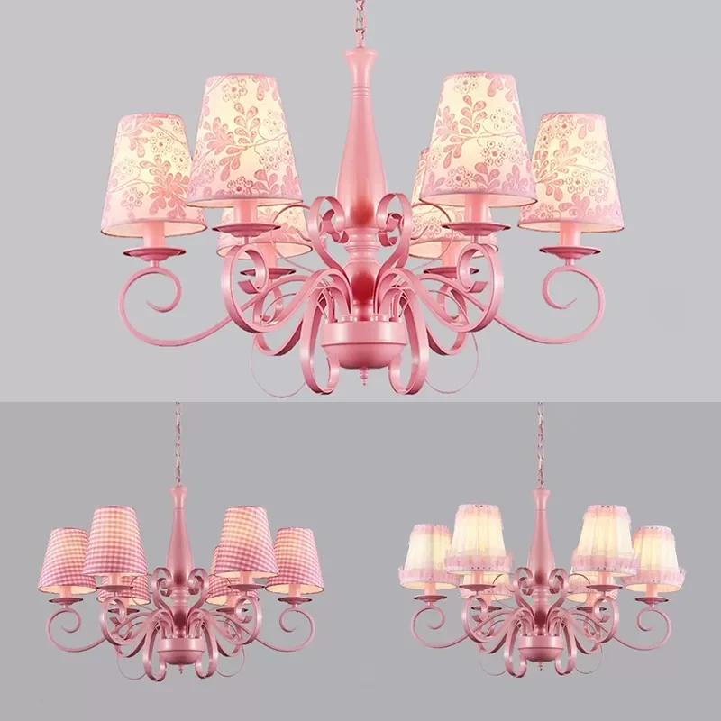 Moderne taps toelopende schaduw kroonluchter metaal stof 6 lampen roze hanglamp voor studeerkamer Clearhalo
