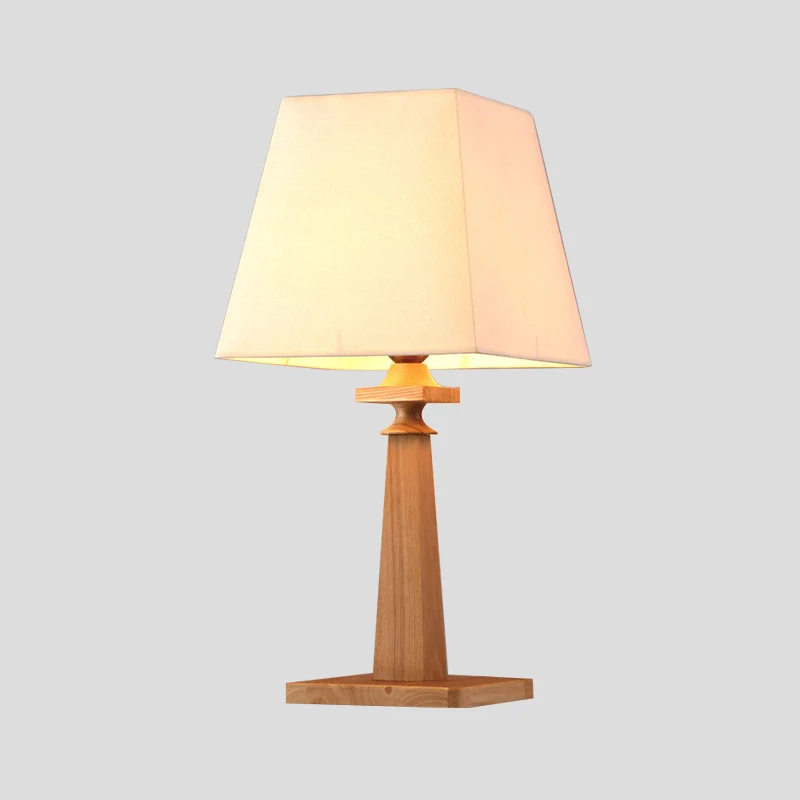 Moderne trapeziumvormige bureaulamp, stoffen 1-lamps studeerkamerleeslamp met houten voet Clearhalo