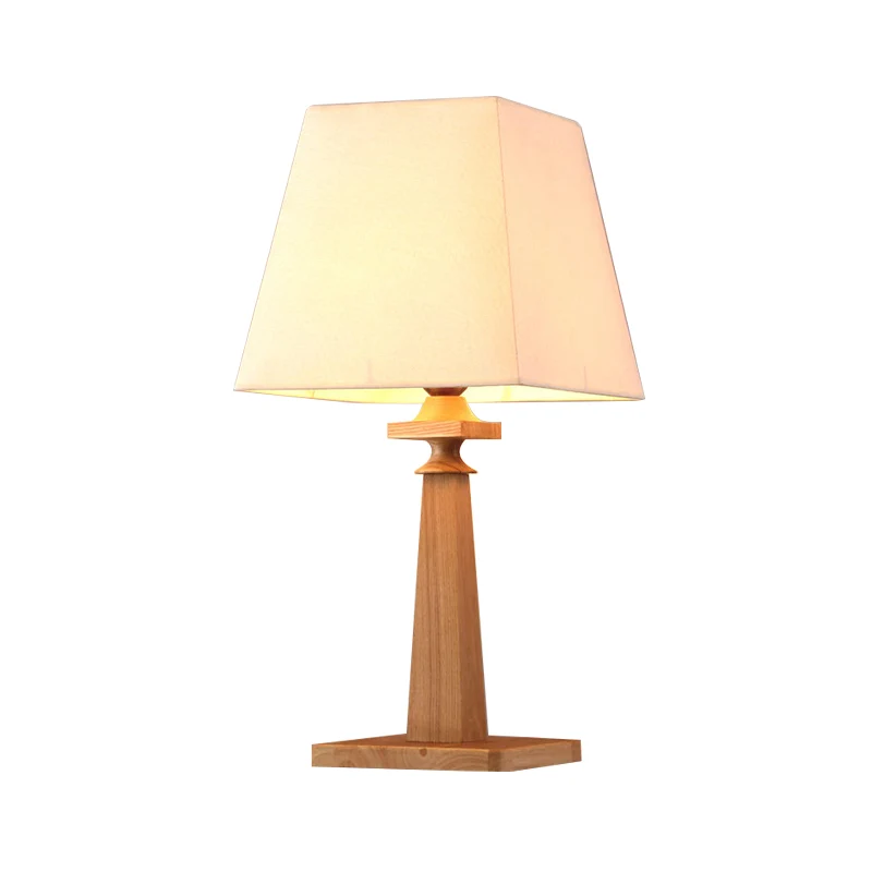 Moderne trapeziumvormige bureaulamp, stoffen 1-lamps studeerkamerleeslamp met houten voet Clearhalo