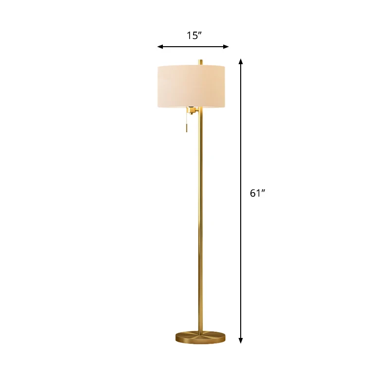 Moderne vloerstaande vloerlamp met trommel, witte stof, 1 lichte slaapkamer vloerlamp met trekketting goud Clearhalo