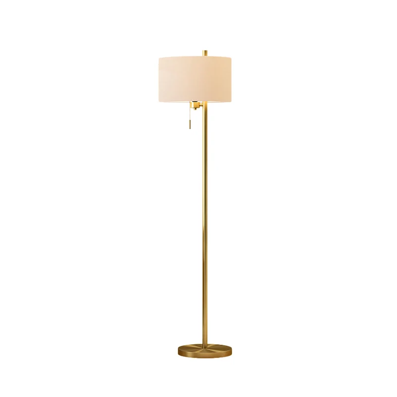 Moderne vloerstaande vloerlamp met trommel, witte stof, 1 lichte slaapkamer vloerlamp met trekketting goud Clearhalo